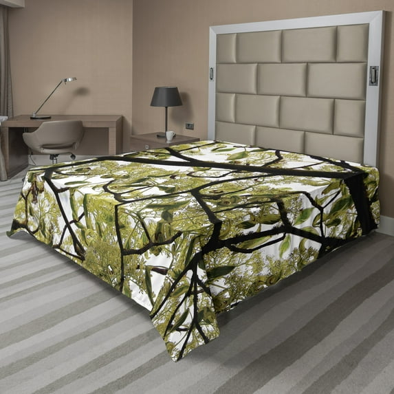 Ambesonne Tree Flat Sheet, Close up Leafy Branches Photo, Full Size, Avocado Green Dark Brown