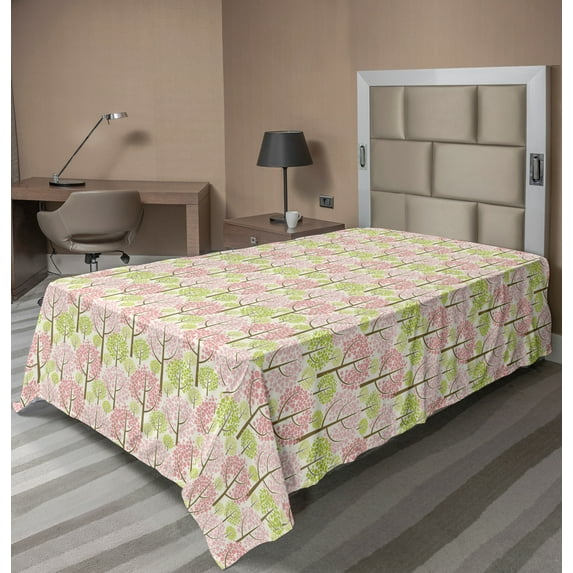 Ambesonne Tree Flat Sheet, Eastern Cherry Blooms, TwinXL Size, Pink Green White