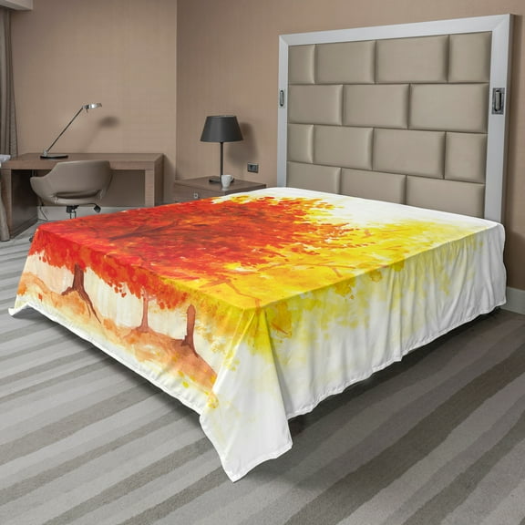 Ambesonne Tree Flat Sheet, Fall Snowy Winter Pine, Queen Size, Yellow Orange