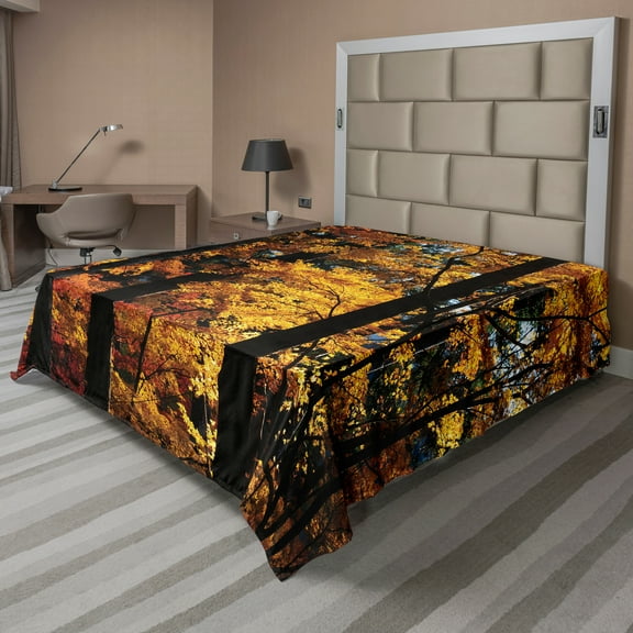 Ambesonne Tree Flat Sheet, Fall Tranquil Countryside, California King, Dark Brown Orange Yellow