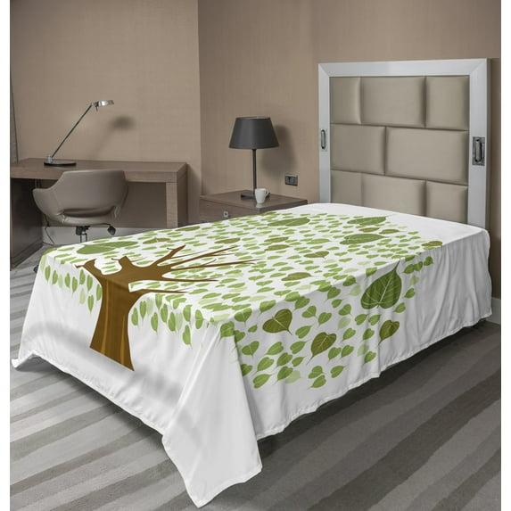 Ambesonne Tree Flat Sheet, Fig Leaves Form Composition, Twin Size, Green Brown White