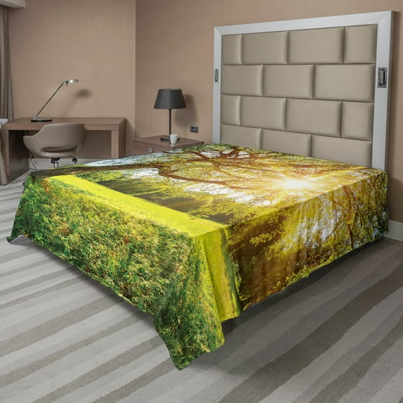 Ambesonne Tree Flat Sheet, Foliage with Morning Sunbeams, King Size, Lime Green Umber