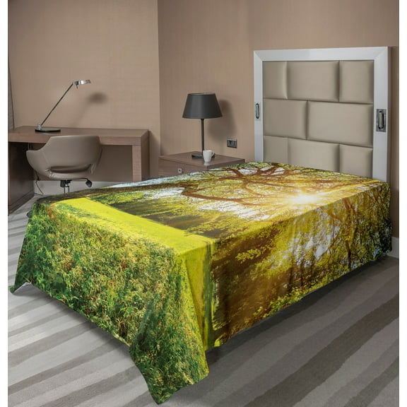 Ambesonne Tree Flat Sheet, Foliage with Morning Sunbeams, Twin Size, Lime Green Umber