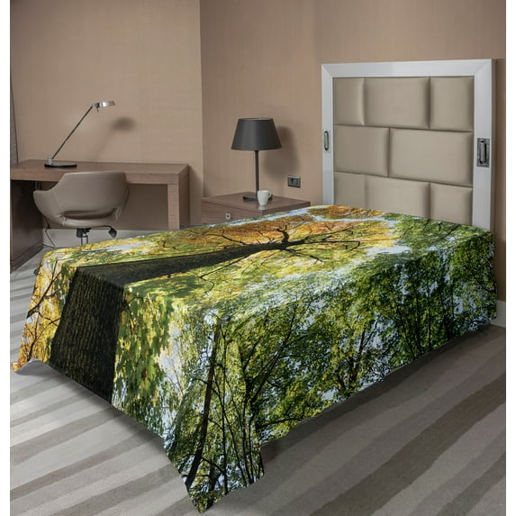 Ambesonne Tree Flat Sheet, Forest Autumn Growth Eco, TwinXL Size, Dark Brown Pale Green