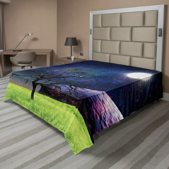 Ambesonne Tree Flat Sheet, Full Moon Galaxy Grass, Full Size, Green and Navy