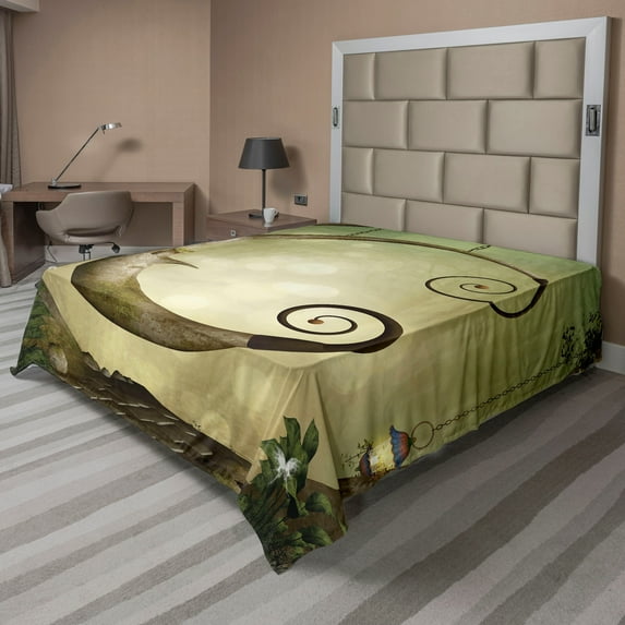 Ambesonne Tree Flat Sheet, Hanging Wooden Crescent, California King, Green Green Brown