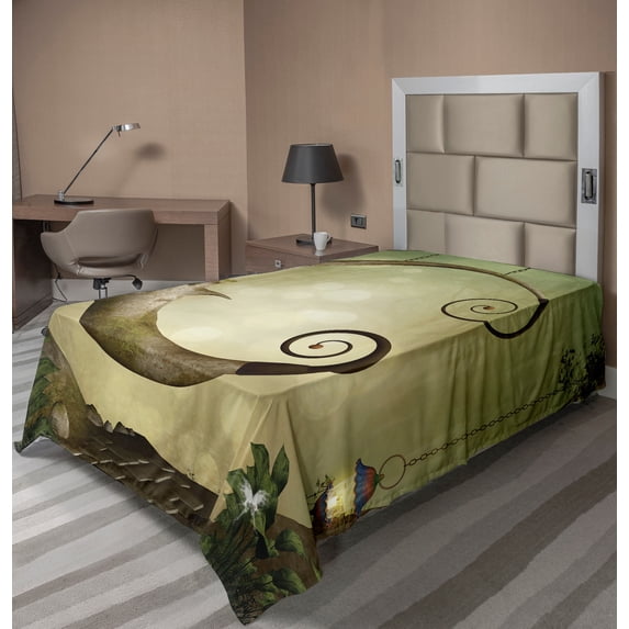 Ambesonne Tree Flat Sheet, Hanging Wooden Crescent, Twin Size, Green Green Brown