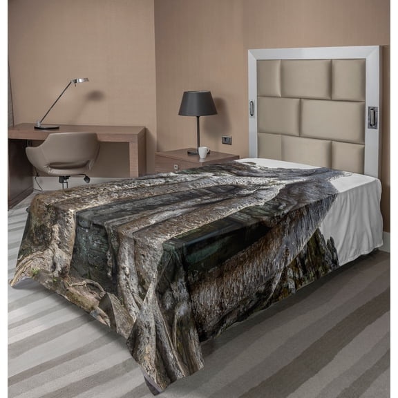 Ambesonne Tree Flat Sheet, Historic Landmark in Cambodia, Twin Size, Dimgray Dark Taupe