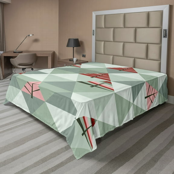 Ambesonne Tree Flat Sheet, Illustration of Triangles, King Size, Coral and Reseda Green