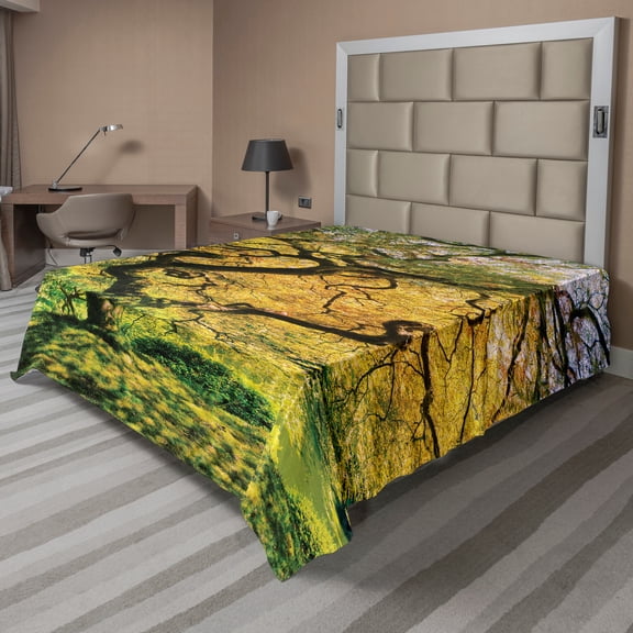 Ambesonne Tree Flat Sheet, Large Maple with River, Queen Size, Green Yellow