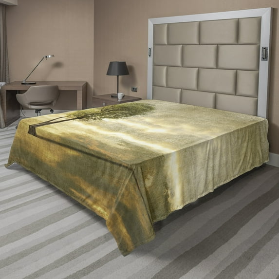 Ambesonne Tree Flat Sheet, Lonely Tree in Beige Tones, King Size, Beige Green Pale Yellow