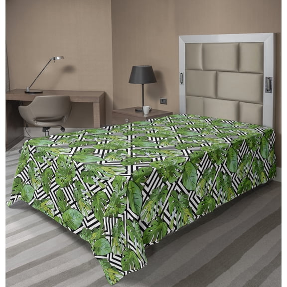 Ambesonne Tree Flat Sheet, Macro Palm Tree Leaves, Twin Size, Hunter Green Black White