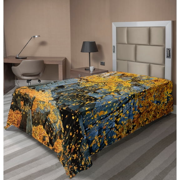 Ambesonne Tree Flat Sheet, Maple Falling Leaves, TwinXL Size, Grey Orange