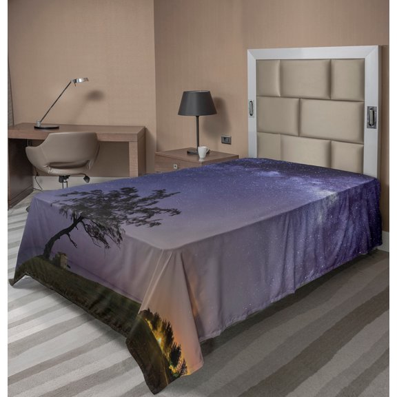 Ambesonne Tree Flat Sheet, Milky Way Stars Space, TwinXL Size, Purple Dark Green