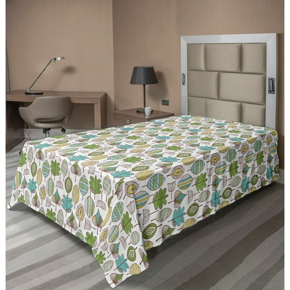 Ambesonne Tree Flat Sheet, Modern Scribble Leaves, TwinXL Size, Multicolor
