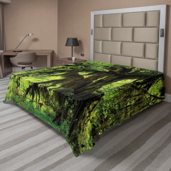 Ambesonne Tree Flat Sheet, Moss Jungle Wildlife, King Size, Green Brown