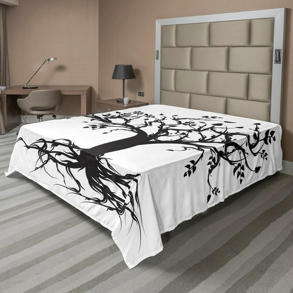 Ambesonne Tree Flat Sheet, Nature Silhouette Art, Queen Size, Charcoal Grey and White
