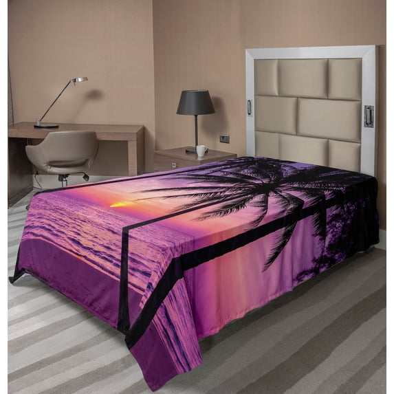 Ambesonne Tree Flat Sheet, Palms Silhouette Purple, TwinXL Size, Purple Black
