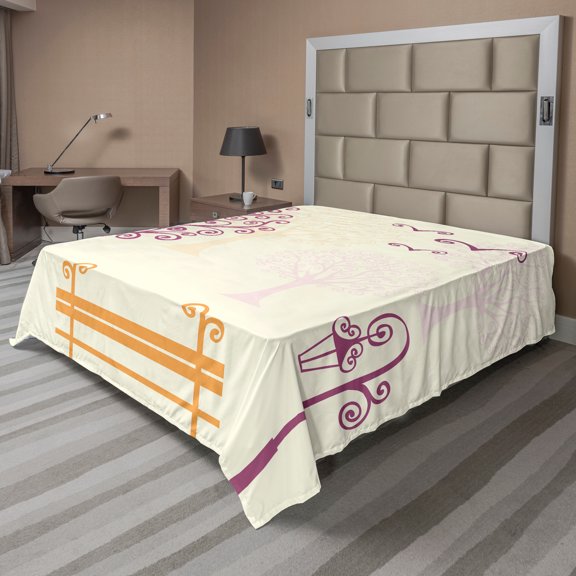 Ambesonne Tree Flat Sheet, Park Bench Pastel Color, Full Size, Orange Purple