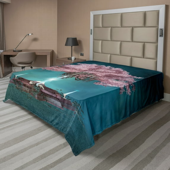 Ambesonne Tree Flat Sheet, Pink Blossom Art, King Size, Lilac Petrol Blue