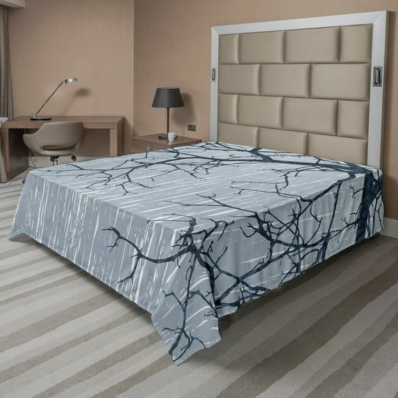 Ambesonne Tree Flat Sheet, Rainy Day Winter Branches, California King, Grey