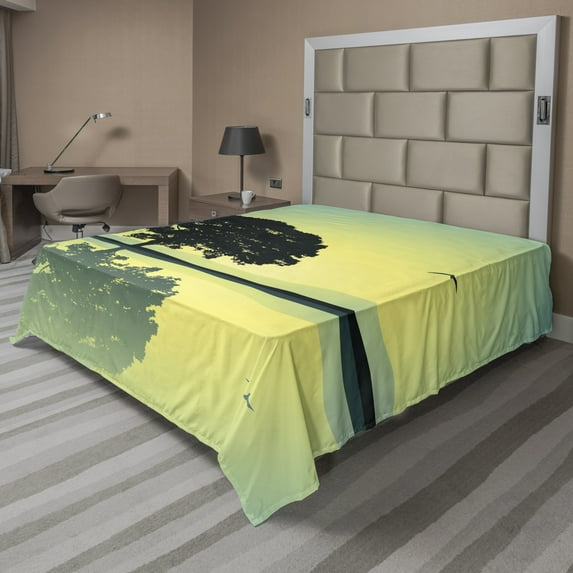 Ambesonne Tree Flat Sheet, Reflections on Water Sun, King Size, Yellow Green
