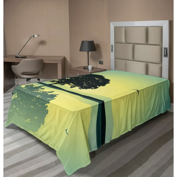 Ambesonne Tree Flat Sheet, Reflections on Water Sun, TwinXL Size, Yellow Green