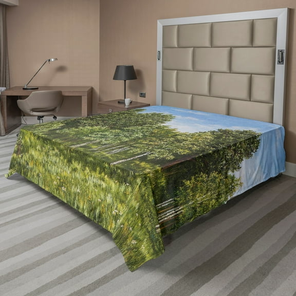 Ambesonne Tree Flat Sheet, Rural Landscape Summer Time, California King, Olive Green Sky Blue