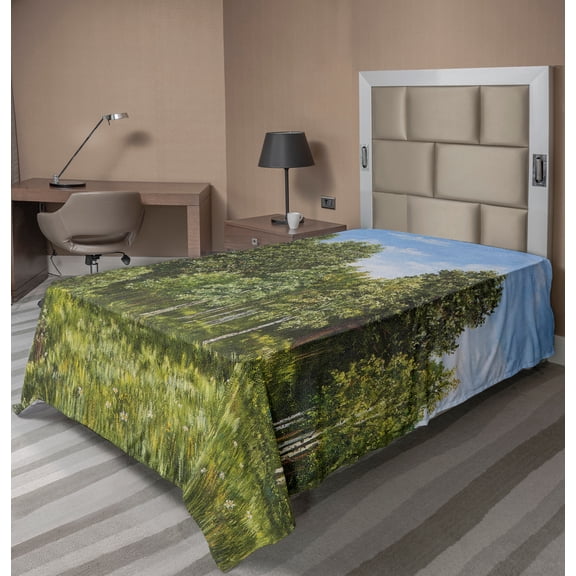 Ambesonne Tree Flat Sheet, Rural Landscape Summer Time, Twin Size, Olive Green Sky Blue