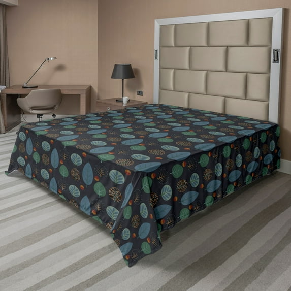 Ambesonne Tree Flat Sheet, Scandinavian Minimalist Acorn, Queen Size, Dark Indigo Multicolor