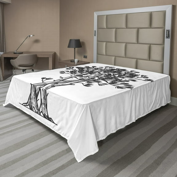 Ambesonne Tree Flat Sheet, Sketchy Hand Drawn Pine Tree, Queen Size, Charcoal Grey and White
