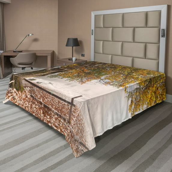 Ambesonne Tree Flat Sheet, Snowy Nature Wintertime, Queen Size, Multicolor