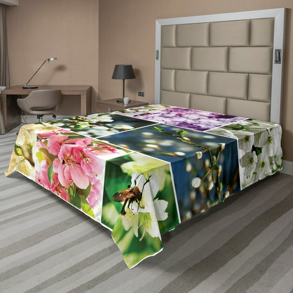 Ambesonne Tree Flat Sheet, Spring Scenery Collage, Full Size, Multicolor