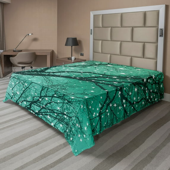 Ambesonne Tree Flat Sheet, Stars Bare Branches, Full Size, Sea Green Dark Teal
