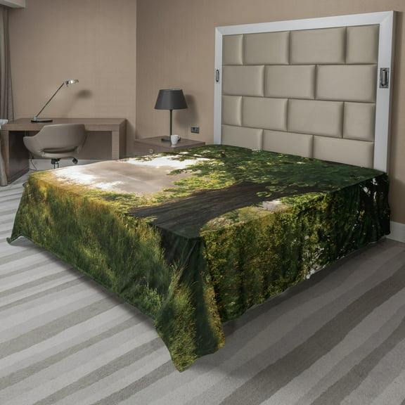 Ambesonne Tree Flat Sheet, Stream Foggy Scene, Full Size, Brown Green Dust