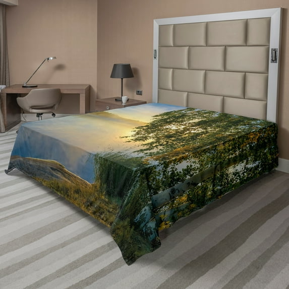 Ambesonne Tree Flat Sheet, Sunny Misty Lake Summer, California King, Fern Green Pale Blue