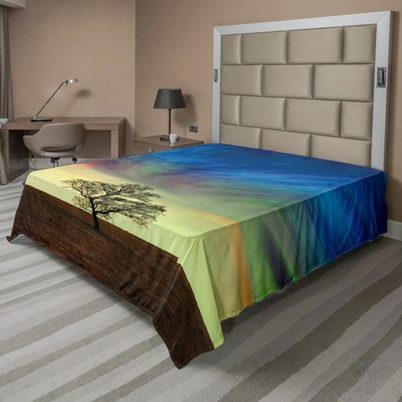 Ambesonne Tree Flat Sheet, Surreal Sky Field Ombre, King Size, Blue Lime Brown