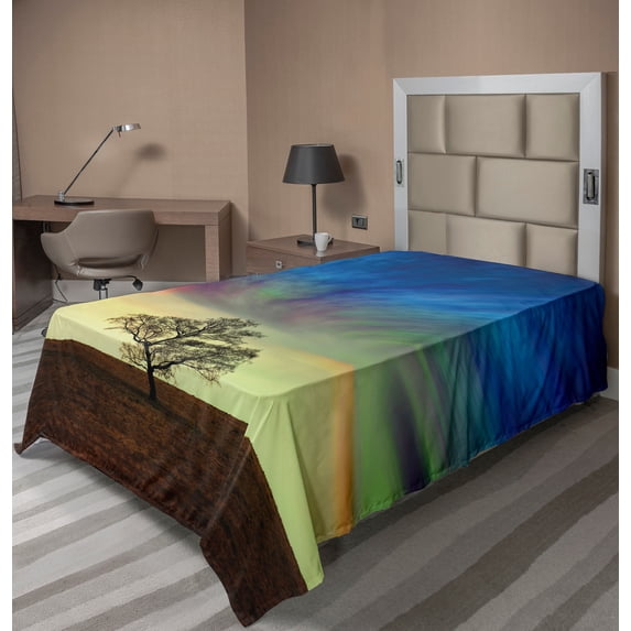 Ambesonne Tree Flat Sheet, Surreal Sky Field Ombre, Twin Size, Blue Lime Brown