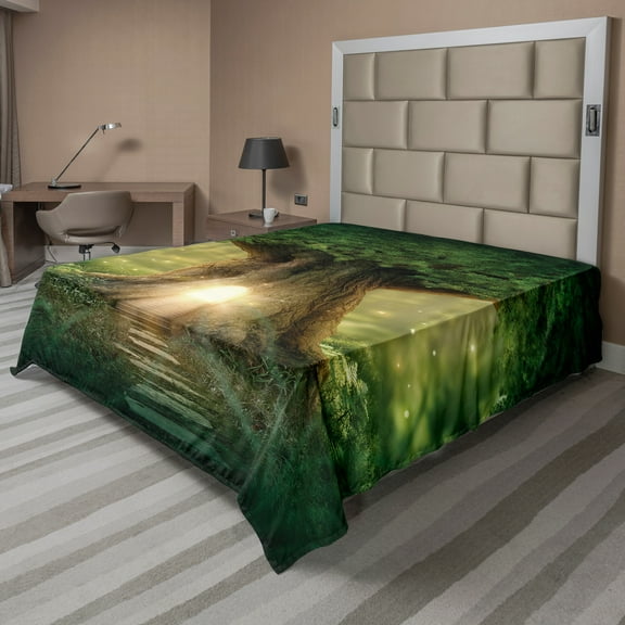 Ambesonne Tree Flat Sheet, Thirving Jungle Spring Season, King Size, Green Pale Yellow