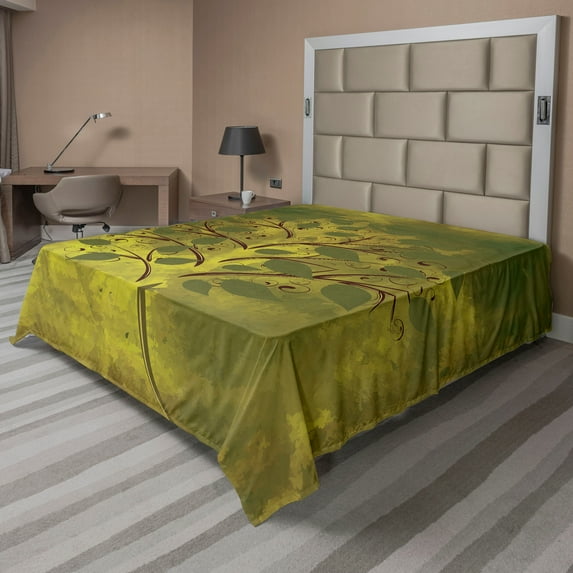 Ambesonne Tree Flat Sheet, Tiny Tree with Lobed Leaf, Queen Size, Brown Olive Green