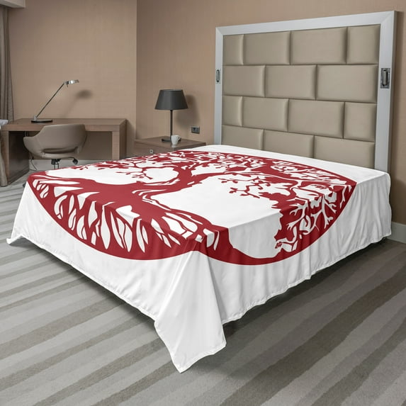 Ambesonne Tree Flat Sheet, Traditional Oak Silhouette, California King, Ruby and White