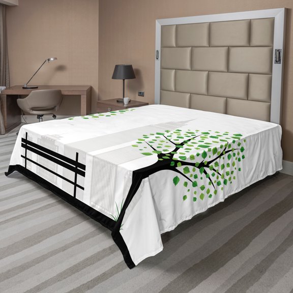 Ambesonne Tree Flat Sheet, Urban and Rural Harmony, Full Size, Green Black