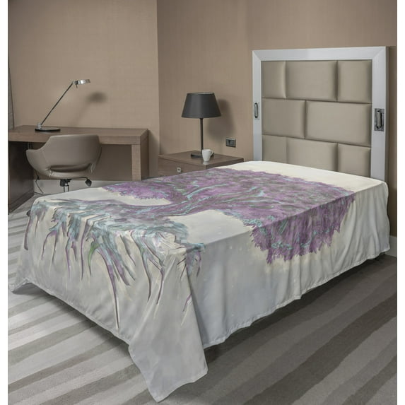 Ambesonne Tree Flat Sheet, Watercolor Bohemian, TwinXL Size, Grey Purple