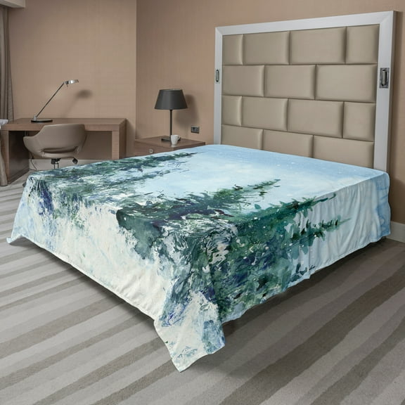 Ambesonne Tree Flat Sheet, Watercolor Woodland Art, California King, Pale Sky Blue Pale Teal