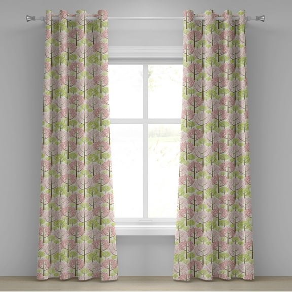 Ambesonne Tree Grommet Curtain, Eastern Cherry Blooms, 50" x 108", Pink Green White