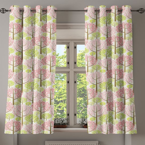 Ambesonne Tree Grommet Curtain, Eastern Cherry Blooms, 50" x 54", Pink Green White