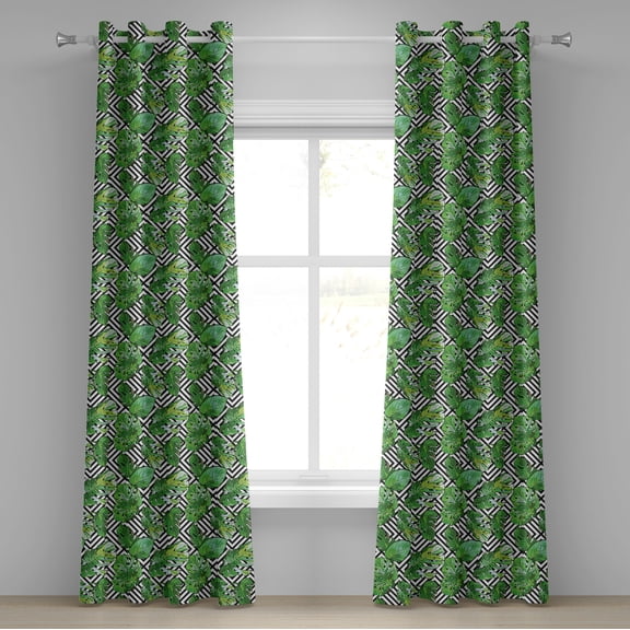 Ambesonne Tree Grommet Curtain, Macro Palm Tree Leaves, 50" x 96", Hunter Green Black White