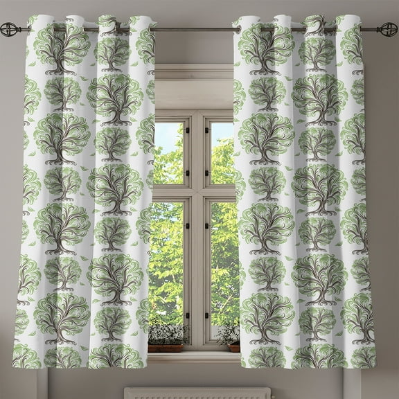 Ambesonne Tree Grommet Curtain, Swirled Lines Botanical, 50" x 54", Black Green White