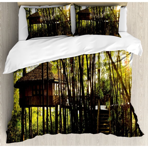 Ambesonne Tree House Duvet Cover Set, Hut in Idyllic Forest, Queen, Yellow Green Dark Brown