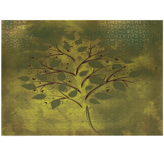 Ambesonne Tree Jigsaw Puzzle Durable Cardboard, Tiny Tree with Lobed Leaf, 1000 pcs, Brown Olive Green